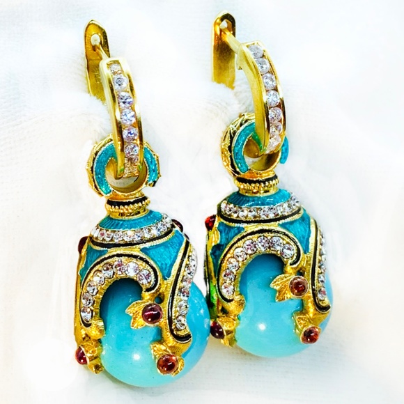 TURQUOISE STERLING SILVER Faberge Victorian Egg Pendant Swarovski Crystal Garnet - Picture 3 of 4